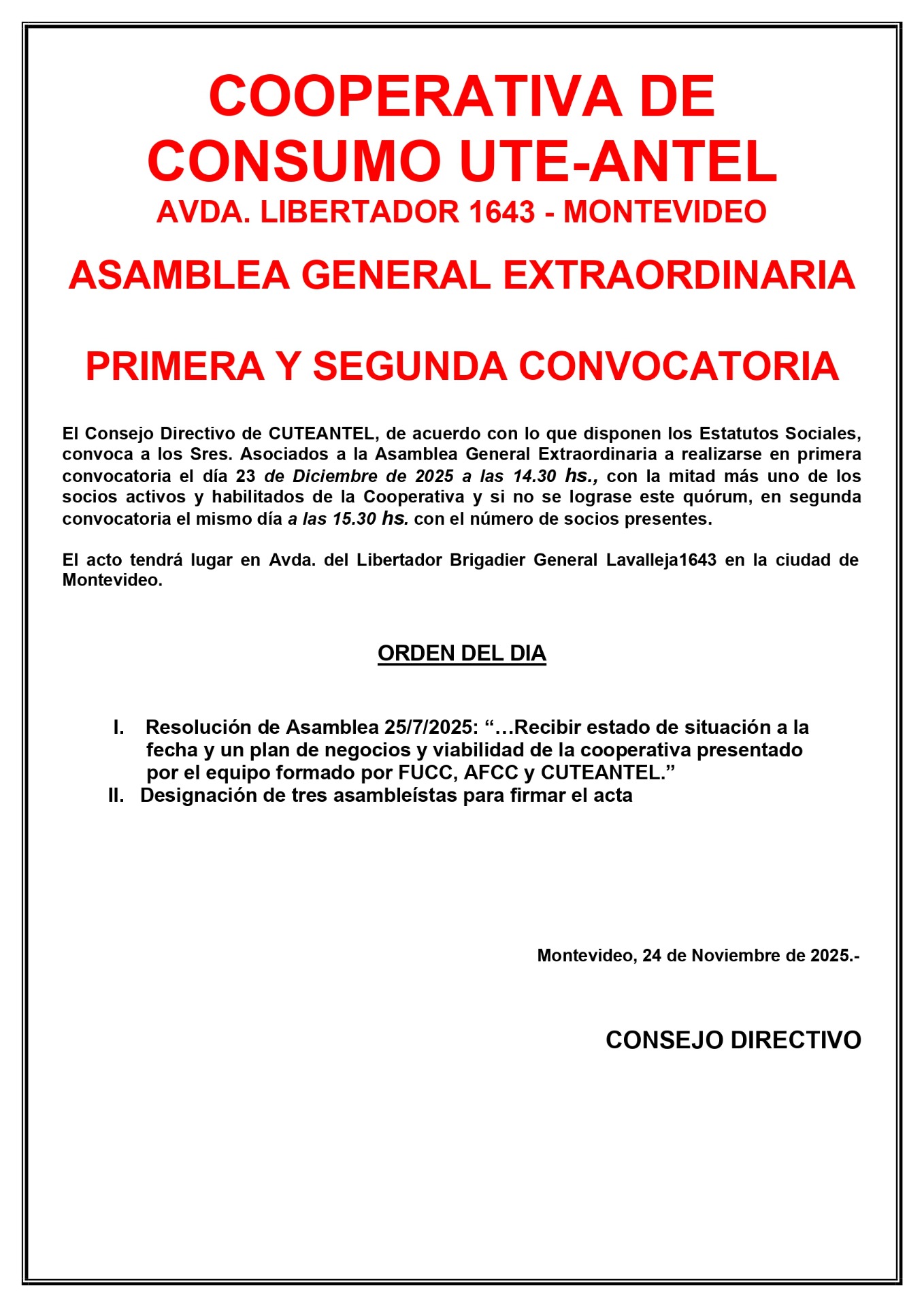 Convocatoria para asamblea extraordinaria de socios - Publicacion 06/06/2025